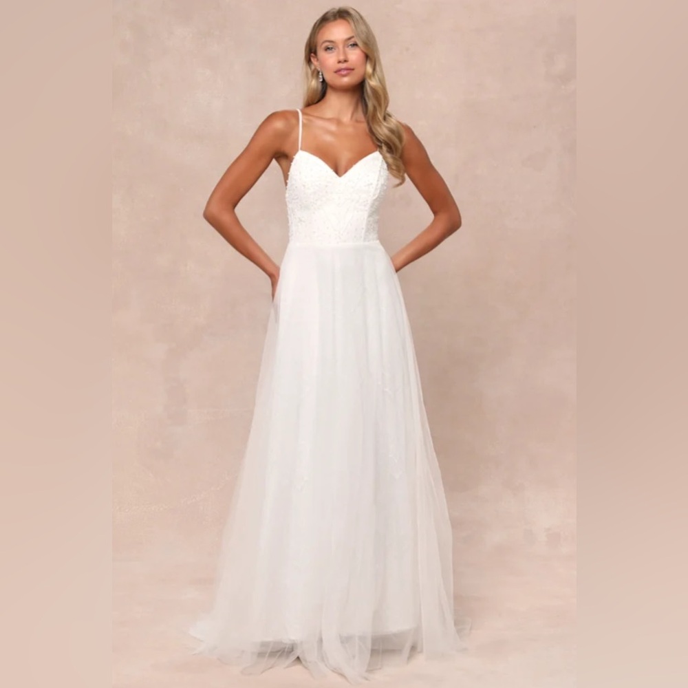 LULUS “Love Perfection” White Lace Tulle Beaded Wedding Dress, XS, NWT - Picture 2 of 7